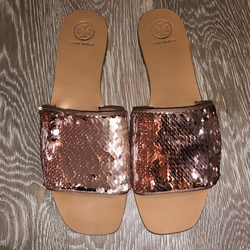 Rose Gold Sequence Tory Burch Slides
